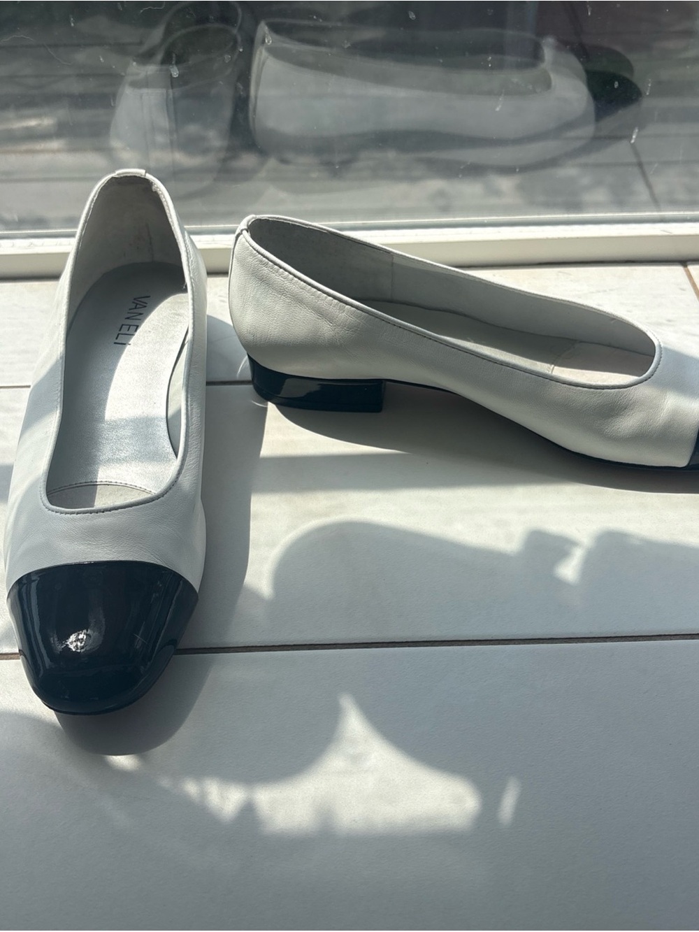 Vaneli White Leather Ballet Flats with Black Patent Cap Toe